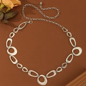 Silver metal chain belt for women, stylish geometric oval links waist accessory for dresses.