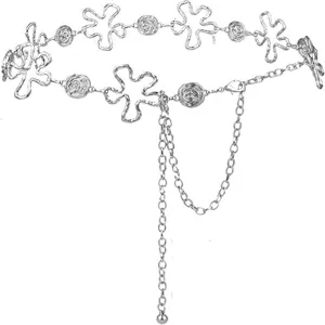 Chaîne de taille en métal argenté pour femme, corps de fleur creux élégante ceinture de robe