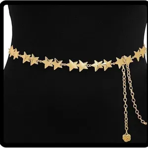 Women Metal Waist Chain Sweet Pentagram Floral Hollow Chain Belt Adjustable Body Jewelry Chic Dress Accessories