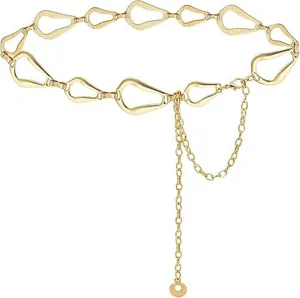 Gold metal waist chain for women, geometric hollow body chain, elegant dress decorative belt.