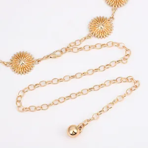 Women gold tone metal waist chain belt with floral sunflower charms chic dress jewelry