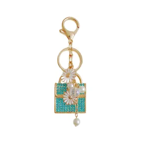 Cute metal rhinestone daisy handbag keychain mini bag pendant charm gold tone blue stones