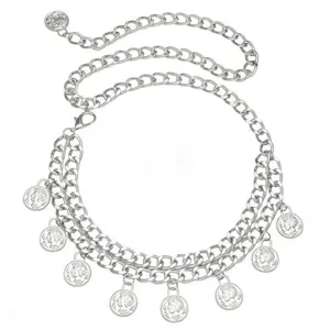 Silver metal chain belt with vintage coin pendants, detailed close-up shot for skirts.