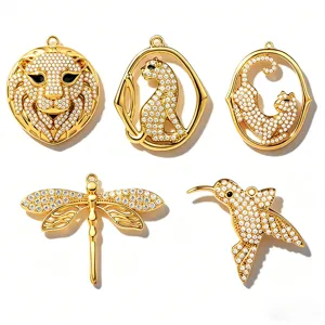 Stainless Steel Animal Pendant Rhinestone Lion Leopard Dragonfly Hummingbird Charm For DIY Jewelry Making