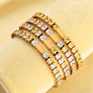 Unisex Hip Hop Stainless Steel Tennis Bracelet Zirconia Square Cut Full Rhinestone Chain Luxury Jewelry Gift