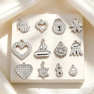 Silver rhinestone stainless steel DIY charms set, butterfly heart sail pendant for jewelry making.