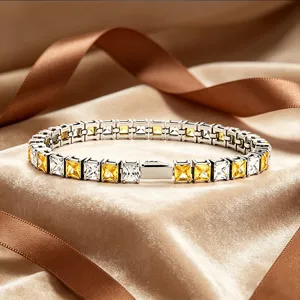 Stainless steel square zircon tennis bracelet, luxury sparkling wrist chain for women.