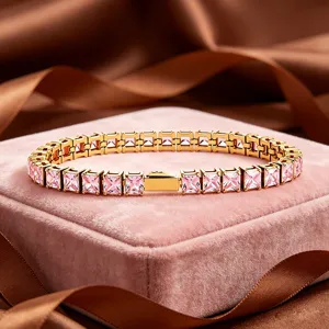 Bracelet tennis en acier inoxydable zircon rose finition or, bijoux couple hip-hop chic.