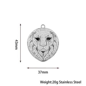 Stainless steel lion animal pendant with sparkling crystals, 43x37mm, 20g jewelry DIY.