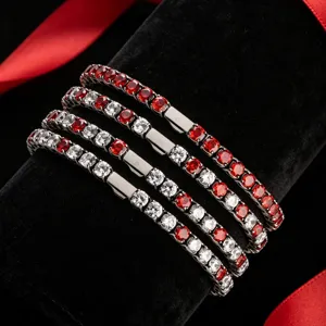 Hip hop stainless steel tennis bracelet with red and white zircon stones for street style.