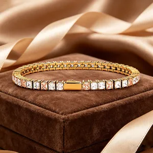 Gold-tone stainless steel tennis bracelet with square cubic zirconia for women chic luxury