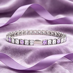 Purple and white cubic zirconia tennis bracelet in stainless steel, elegant view.