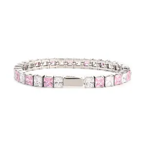 Bracelet tennis en acier inoxydable zircon rose et blanc chaine de cristal carree bijoux