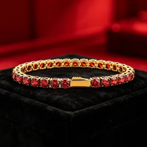 Gold red cubic zirconia tennis bracelet for hip hop fashion style chic wrist jewelry.