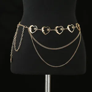 Chaîne de taille en métal doré avec pendentifs cœur lune soleil, accessoire corps multicouche.