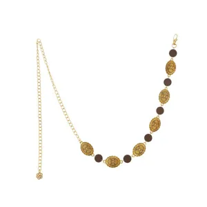 Chaîne de taille en métal style bohème pour femmes avec médaillons ovales gravés et perles foncées