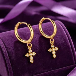 Pendientes de aro con cruz de acero dorado y circonitas brillantes, elegante joya.
