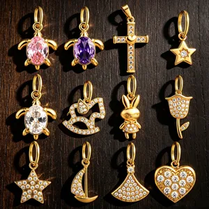 Stainless Steel DIY Pendant Charms Cute Animal Floral Heart Star Key Pendants With Rhinestones For Bracelet Necklace