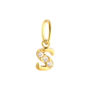 Gold stainless steel letter S pendant charm with sparkling cubic zirconia for DIY jewelry making.