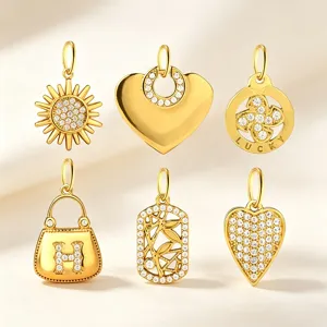 Gold stainless steel rhinestone pendants set of six diverse charms for DIY necklace making.