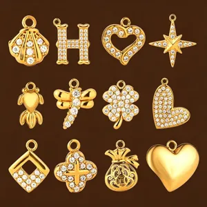 Detailed view of assorted gold-plated DIY jewelry charms, stainless steel with clear zircons.