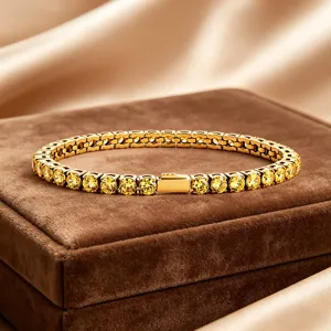 Stainless steel tennis bracelet with round yellow zircon stones for women and men jewelry detail