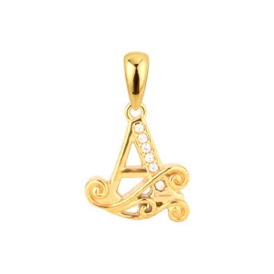 Goldfarbener Edelstahl Buchstabe A Anhänger mit Zirkonia und elegantem Wellenmuster.