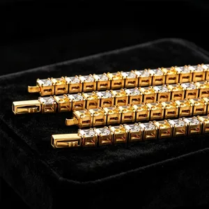 Stunning gold stainless steel square cubic zirconia tennis bracelet set for men and women.
