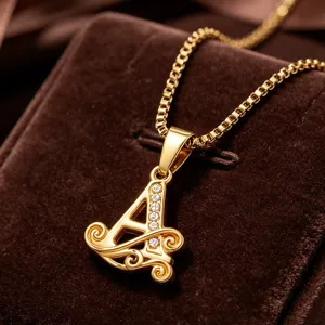 Retro Kursiver Buchstabe Anhänger Halskette Edelstahl Hip-Hop Kette Zirkon Strass Schmuck Geschenk Für Damen
