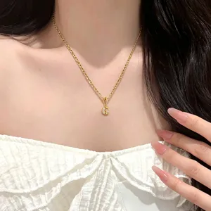 Gold Initial Letter Pendant Necklace Stainless Steel Zirconia Clavicle Chain Jewelry