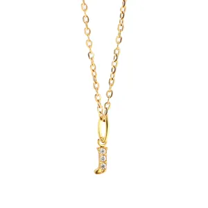 Gold initial J necklace with sparkling cubic zirconia pendant, stainless steel clavicle chain.