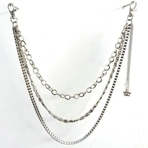 Punk metal pants chain detail, multi-layered waist chain with star charm and clasps.