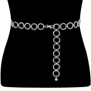 Detailed view of silver metal chain belt with interlocking circular links, stylish accessory.