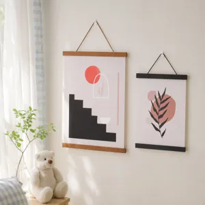 Wooden magnetic poster hanger frame for art prints and paintings with hanging rope display.