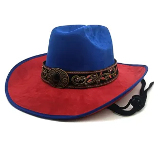 Chapeau de cowboy western avec couronne en suédine bleue et bord rouge brodé.