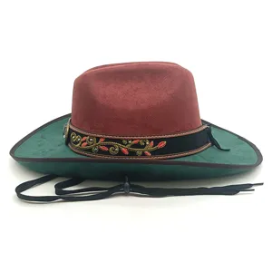 Chapeau de cowboy western en suédine avec couronne contrastée et bande brodée unisexe