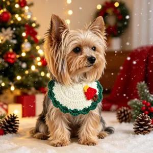 Christmas knitted pet bib with cute tree pattern, perfect holiday accessory for small dogs and cats.