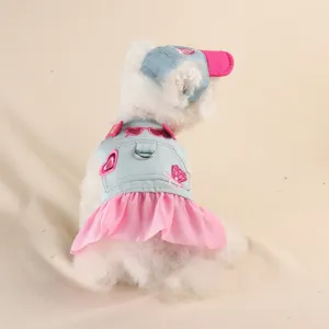 Cute denim dog dress and matching hat set, stylish pet clothes for small dogs and puppies.