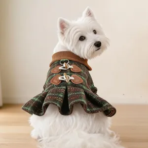Pet Dog Dress Fall Winter Plaid Skirt Cute Puppy Clothes With Leash Hole Turn Down Collar Pet Apparel