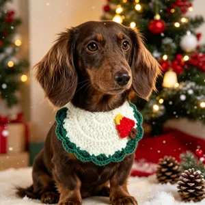 Christmas crochet pet bib for small dogs and cats, cute holiday collar detail shot with tree design.