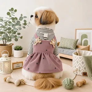 Haustierwelpe Hund gestreiftes Hemd mit rosa Cord Stern Kleid süße Herbst Winter Bekleidung