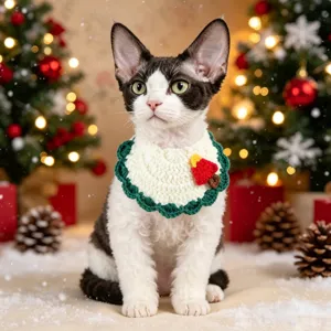 Christmas pet crochet bib detail showing cute handmade green and white holiday collar design.