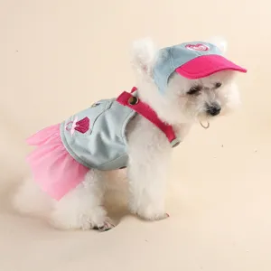 Cute small dog denim skirt and hat set, perfect for puppy daily wear and outdoor photoshoots.