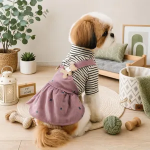 Hund Herbst Winter gestreiftes Trägerkleid süße Welpenkleidung Haustierbekleidung weiches Outfit