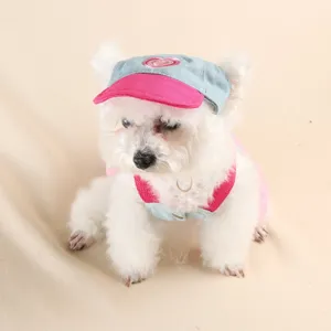 Cute dog denim hat and harness dress set, stylish puppy apparel for small dogs detail view.