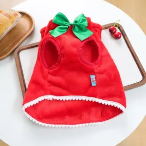 Red Christmas pet cape for small dogs and cats, cute flannel holiday party costume apparel.