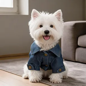 Cute blue denim pet jacket with lapel collar for small dogs, stylish autumn puppy clothing.