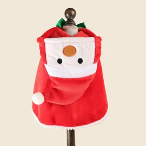Red Christmas pet cape for small dogs cats, fluffy flannel Santa Claus costume for holiday.