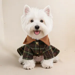 Detail shot of pet plaid dress with brown lapel for small dogs, cute autumn winter dog clothes.