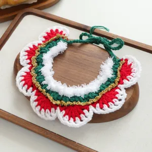 Christmas crochet pet bib for small dogs and cats, festive handmade knit collar for holiday party.